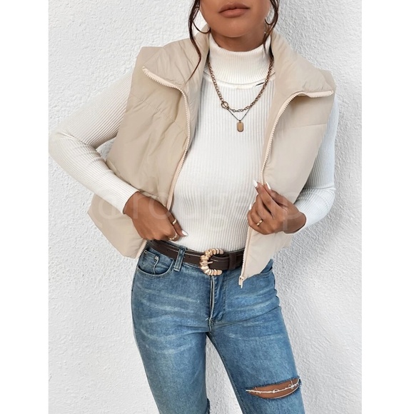Cropped Beige Puffer Vest Zip Up - Picture 6 of 14